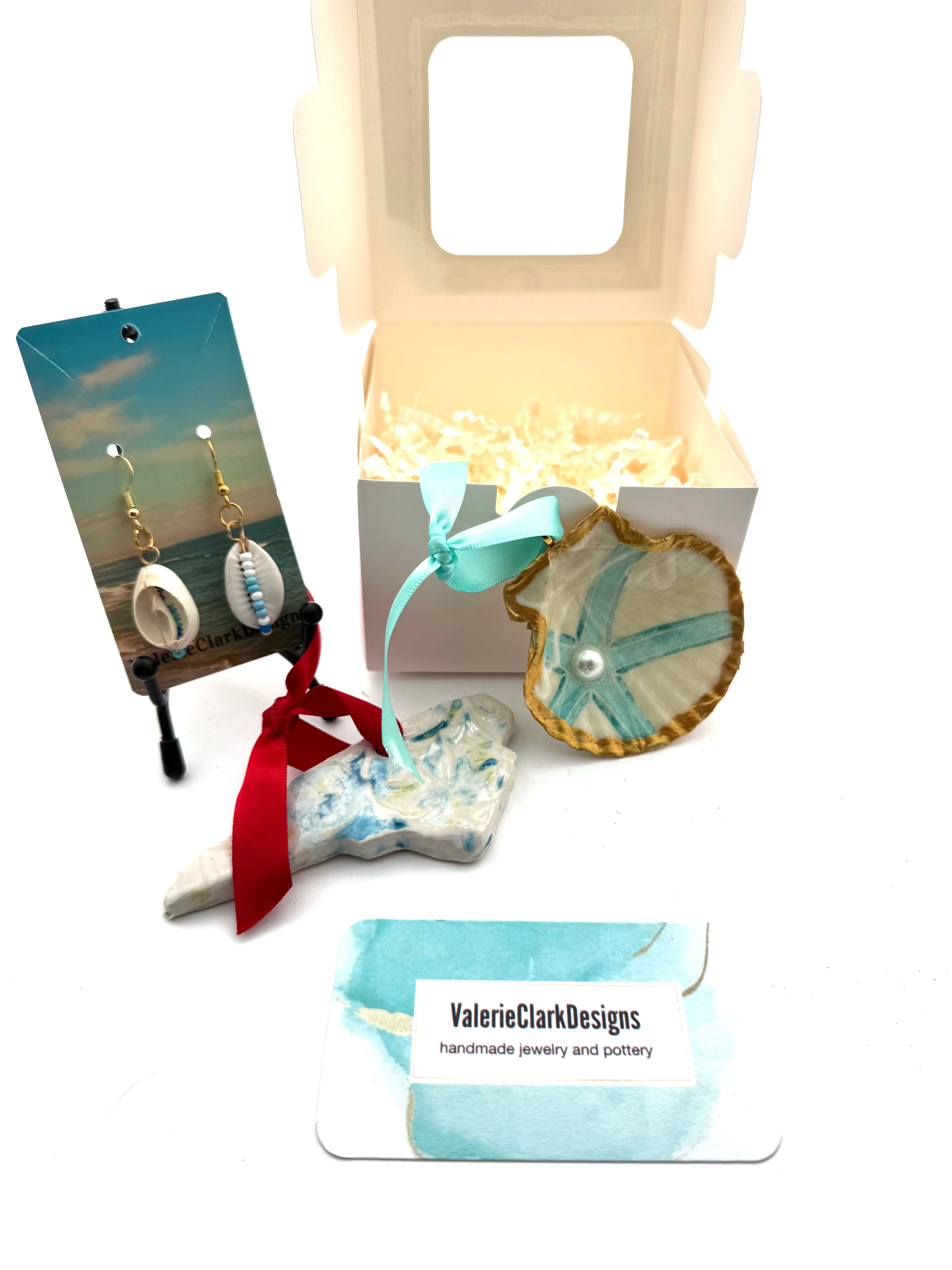 NC pottery ornament, shell ornament and shell earrings bundle