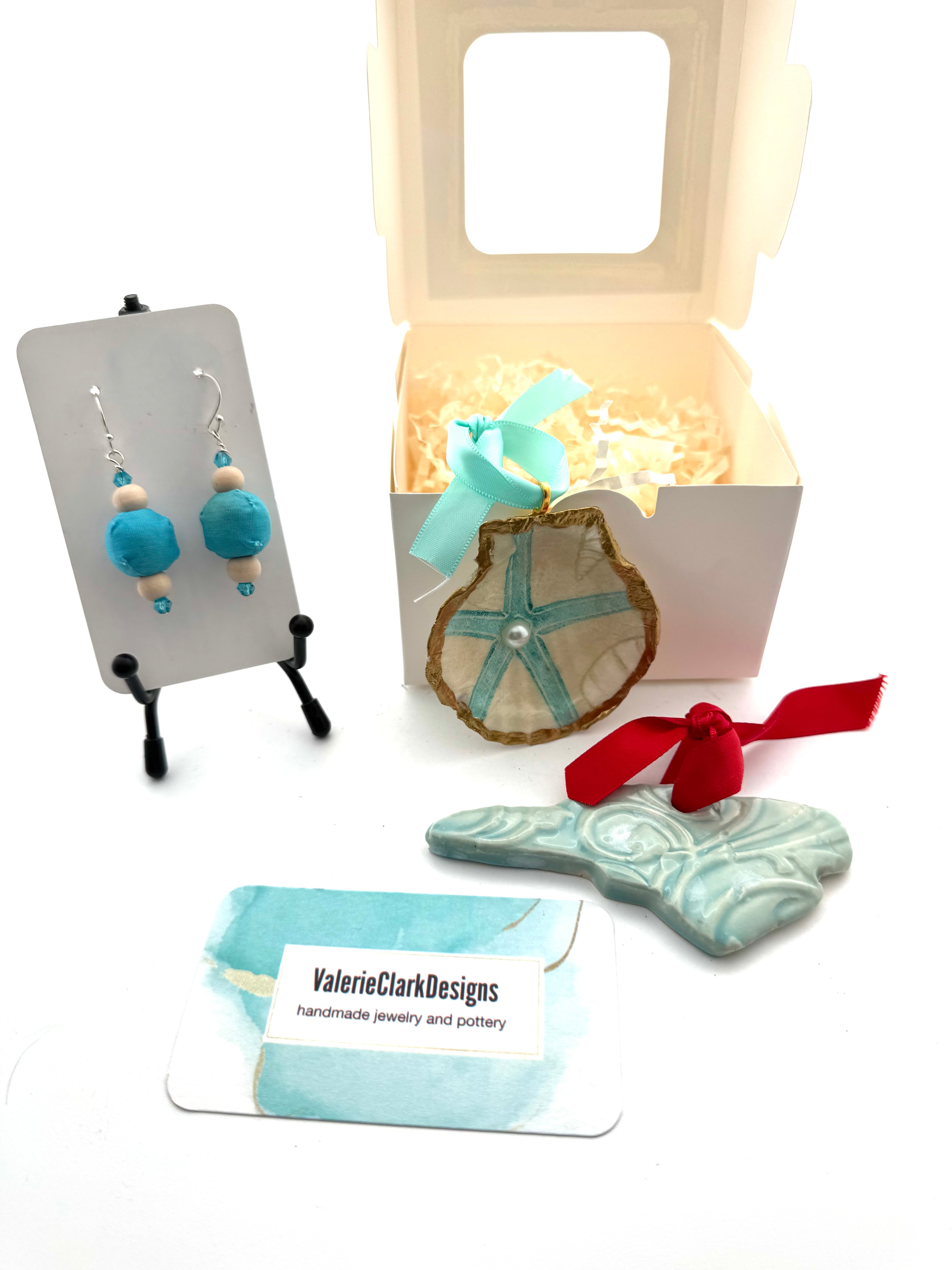 Handmade state ornament, shell ornament and earrings bundle