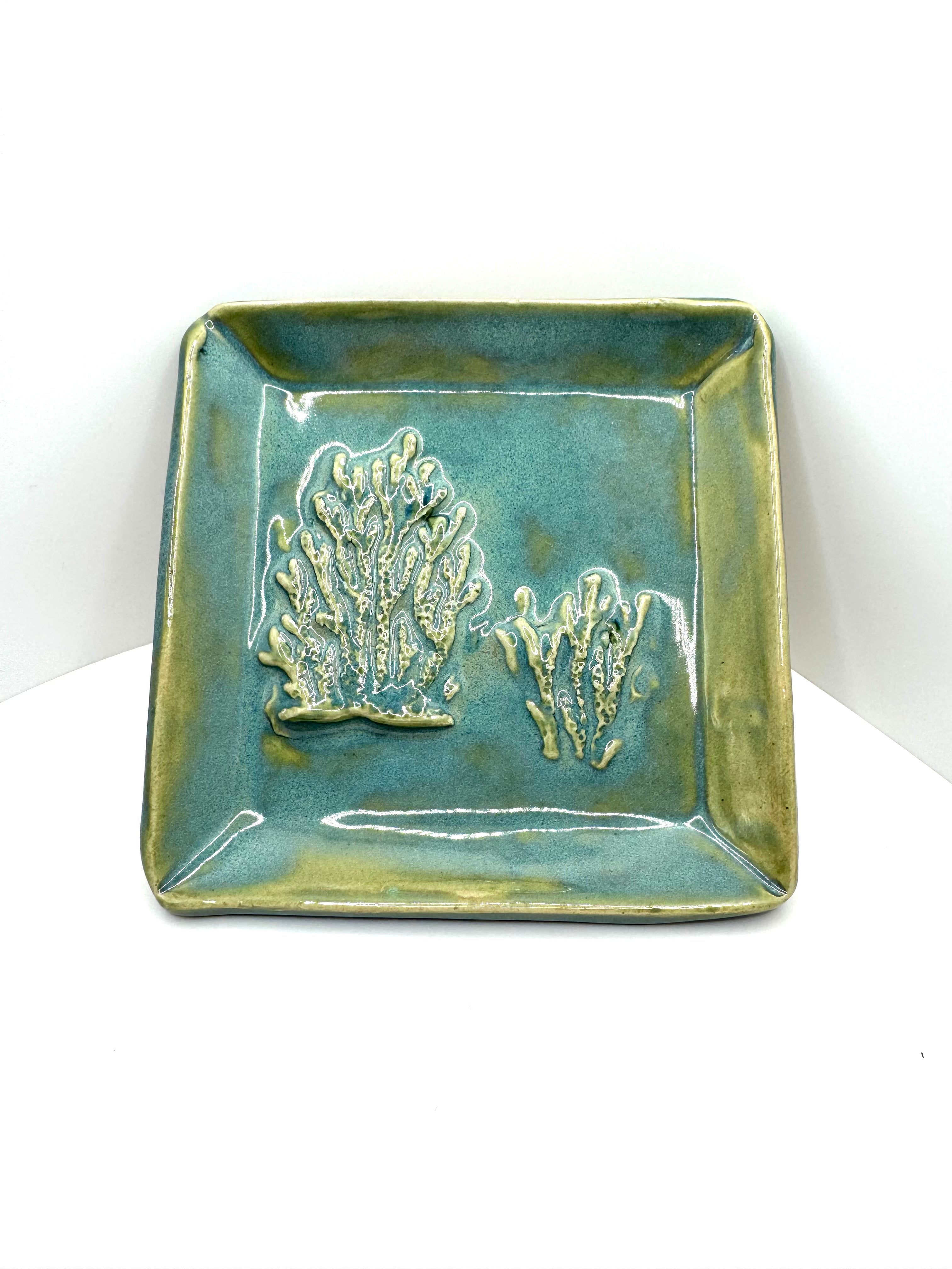 Sea side plate 5” square pottery handmade